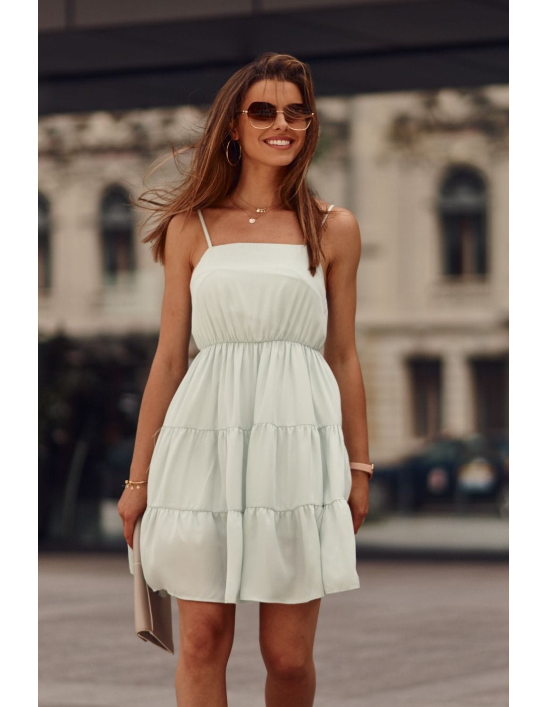 Kleid mit dünnen Trägern und Rüschen, Mint PR3214 – Online-Shop – Boutique